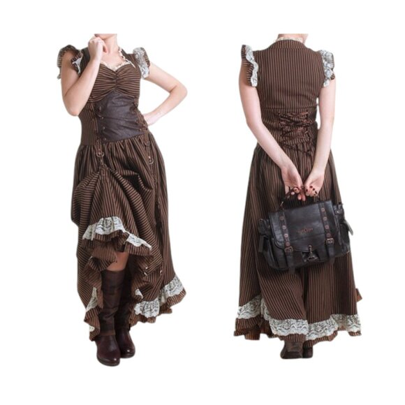 Banned Apparel Brown Long Maxi Black Striped Steampunk Corset Dress - 2XL - Picture 8 of 11